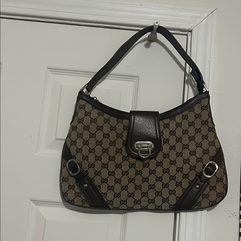 Gucci Brown Monogram Canvas Shoulder Bag with Dark Leather Trim